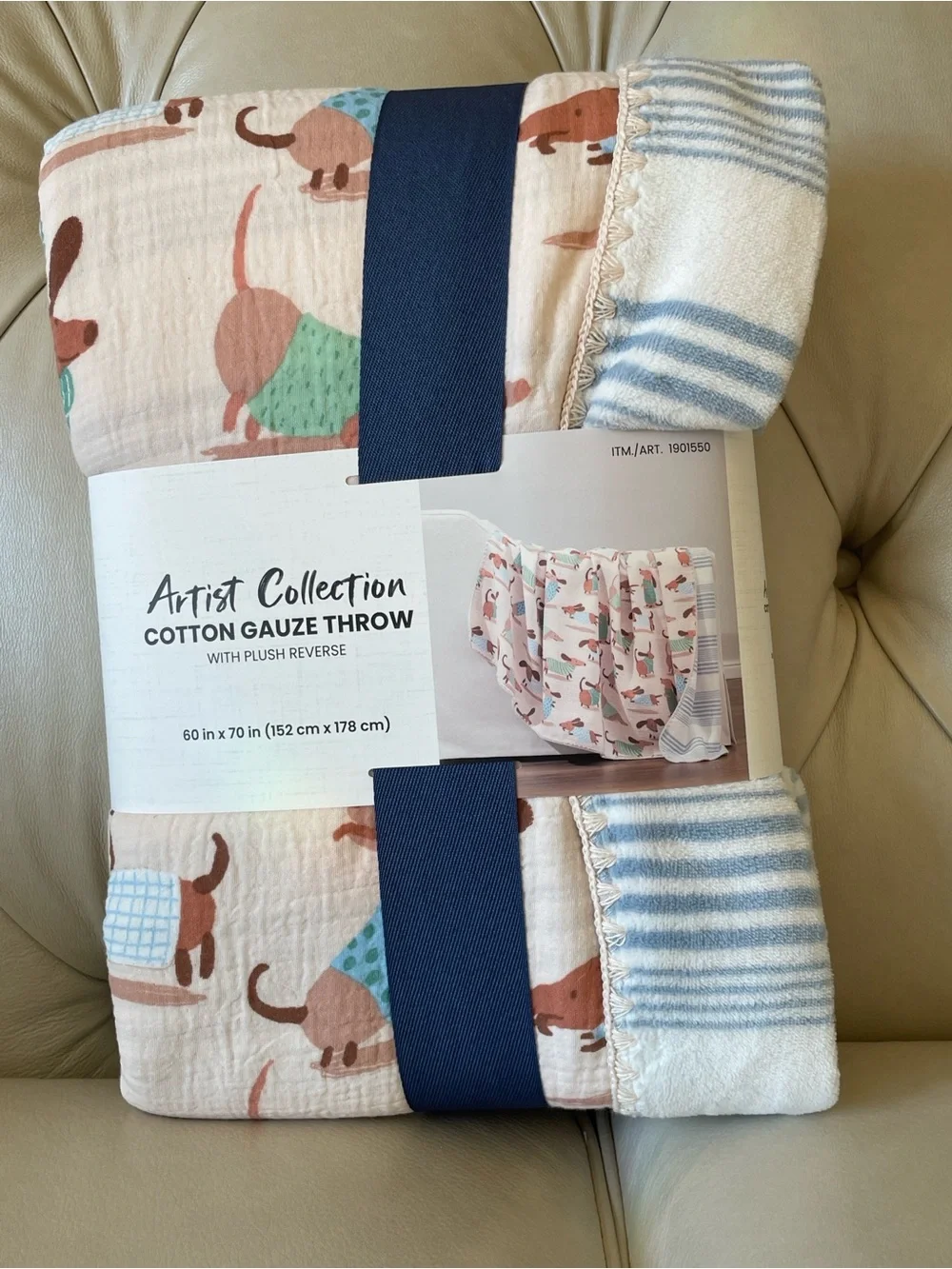 Artist Collection dachshund Cotton Gauze Throw - Dog Print in Cream, Blue,